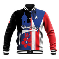 Black varsity baseball jacket with Puerto Rico flag panels and floral graphic, button front