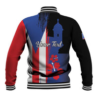 Back view black varsity baseball jacket with Puerto Rico flag graphic, striped rib collar