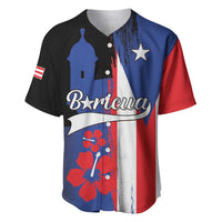 Personalized baseball jersey with buttoned V-neck, star and floral stripe design, blue/red