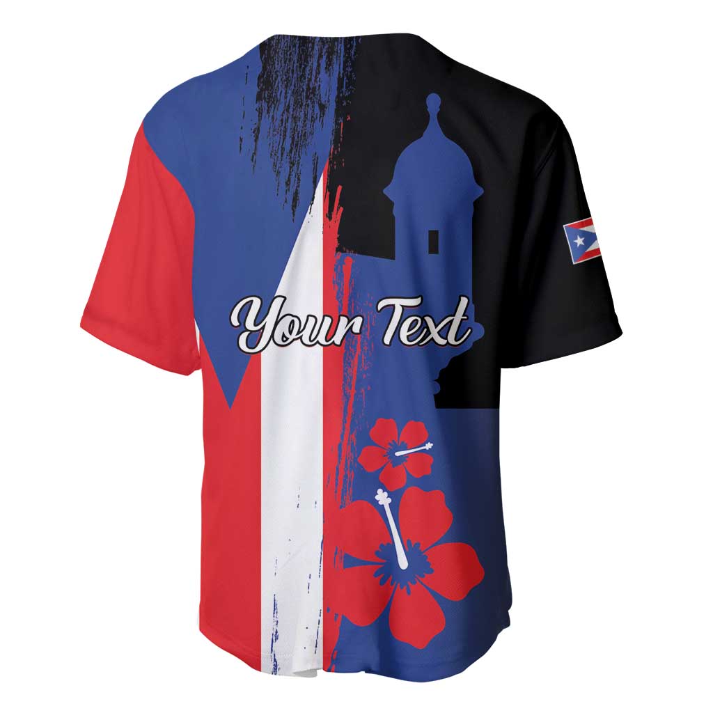 Personalized baseball jersey with blue, red, white and black graphic, short sleeves