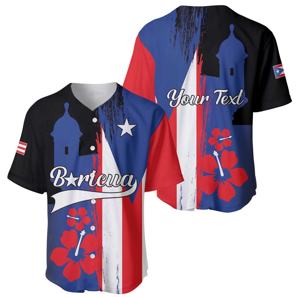 Personalized baseball jersey with V-neck, blue/red/white panels and Your Text print
