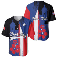Personalized baseball jersey with V-neck, blue/red/white panels and Your Text print