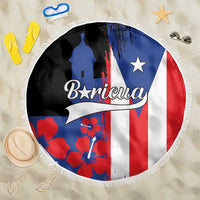 Round beach blanket with white tassel edging, Puerto Rico flag graphic and El Morro silhouette