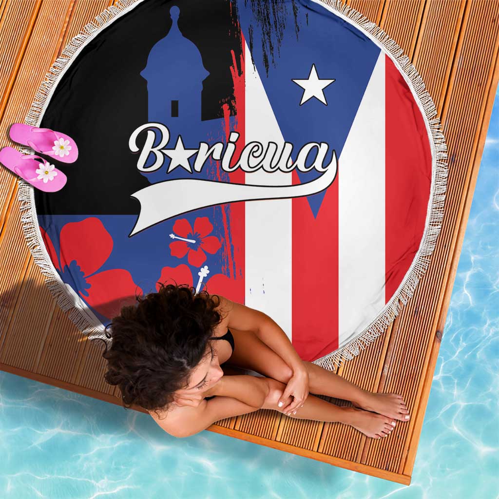 Round beach blanket with white tassel fringe, Puerto Rico flag graphic and Boricua lettering