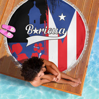 Round beach blanket with white tassel fringe, Puerto Rico flag graphic and Boricua lettering