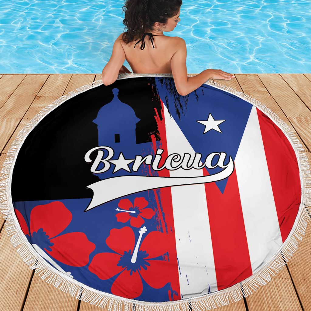 Round beach blanket with tassel fringe, Puerto Rico flag graphic featuring El Morro silhouette