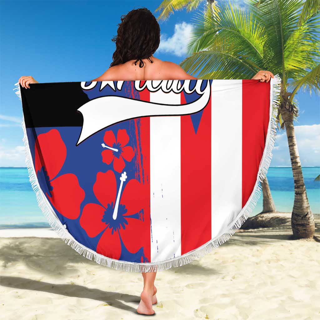 Round beach blanket with tassel fringe, Puerto Rico flag print and Boricua lettering