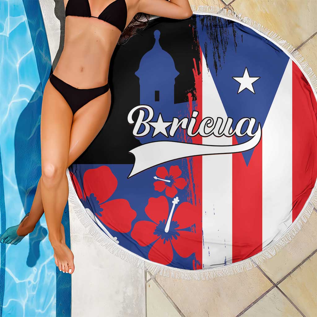 Round beach blanket with white tassel fringe, Puerto Rico flag print with Boricua script