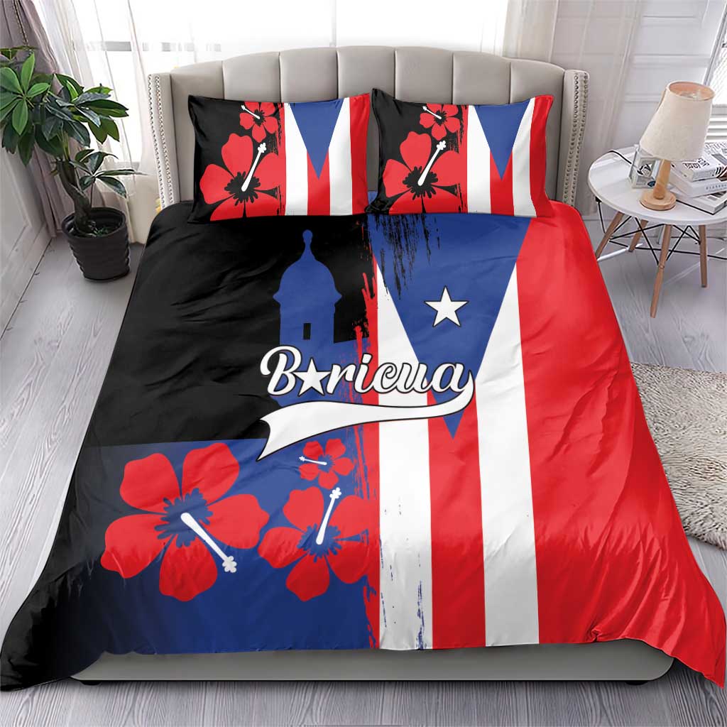 Puerto Rico flag bedding set with hibiscus flowers, lighthouse graphic, and two matching pillows