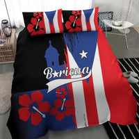 Puerto Rico flag quilt with lighthouse silhouette, hibiscus blossoms, and two pillowcases