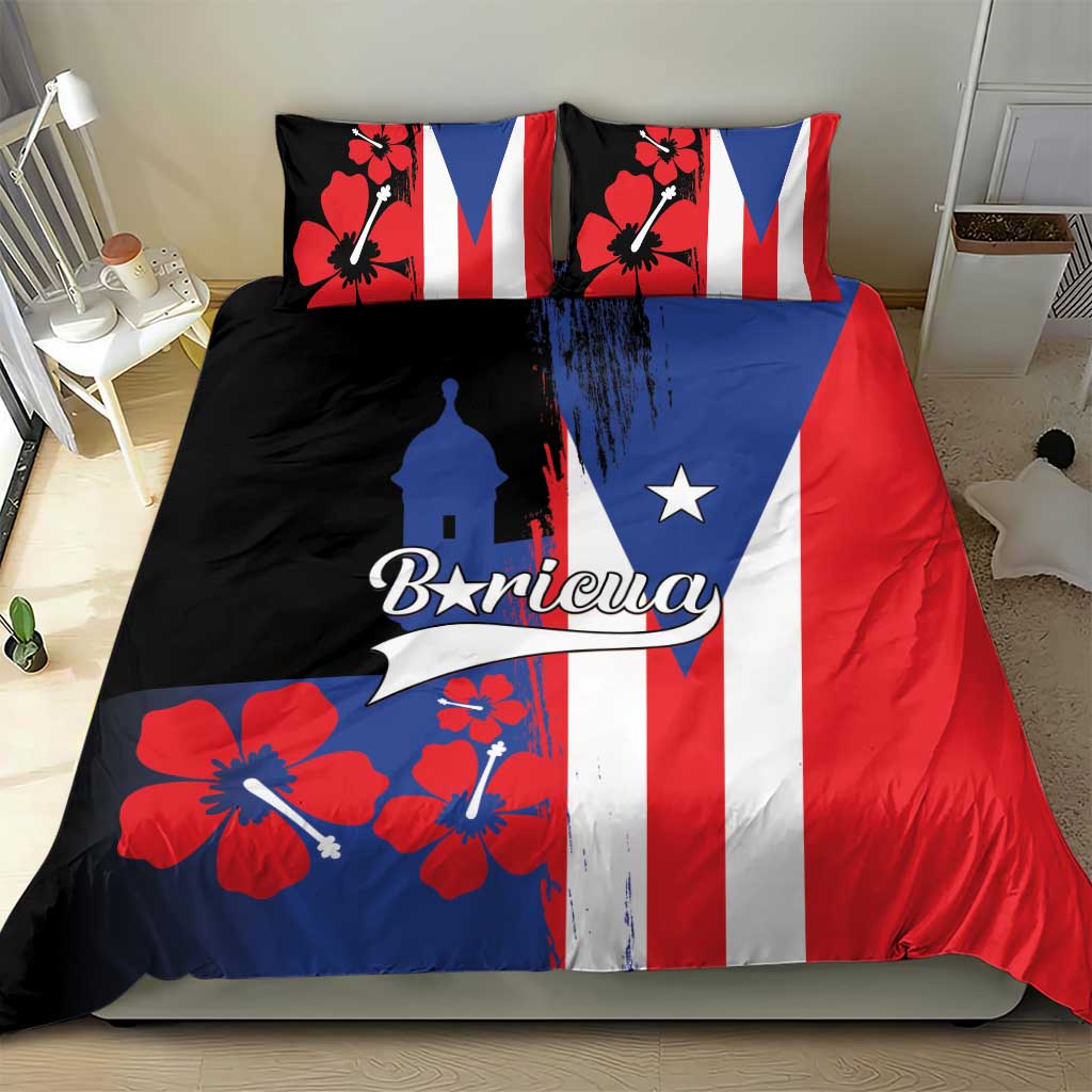 Puerto Rico flag bedding set with lighthouse graphic, hibiscus flowers, and two matching pillows