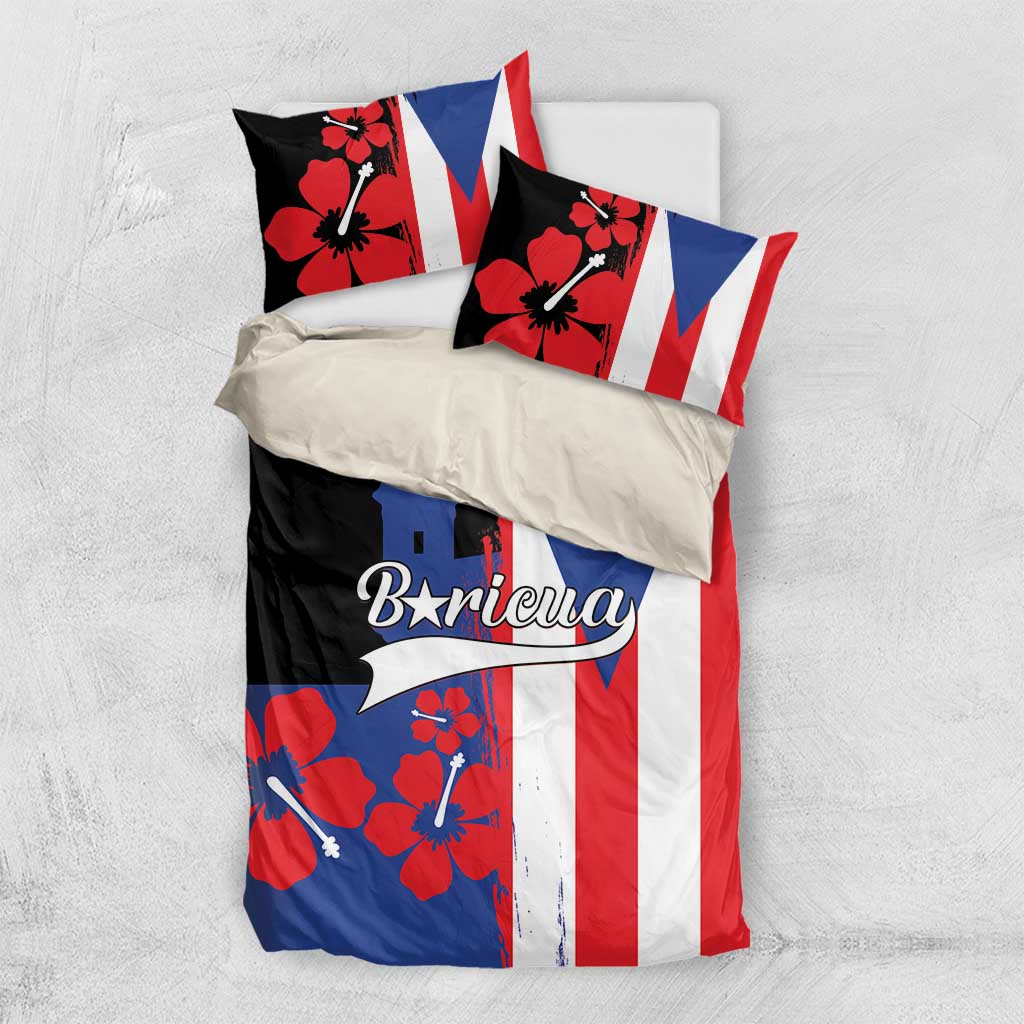 Puerto Rico flag style bedding set with lighthouse print, hibiscus accents, and two pillows
