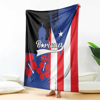 Puerto Rico flag-style fleece blanket hanging outdoors, showing Boricua logo and El Morro silhouette