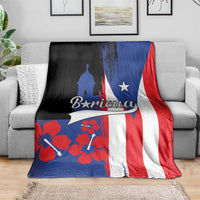 Puerto Rico flag-style fleece blanket with El Morro silhouette, Boricua text, and hibiscus florals