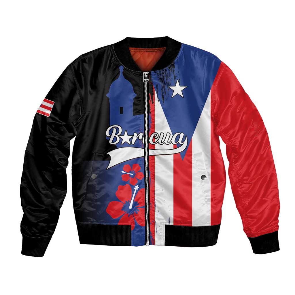 Black bomber jacket with full-zip front, Puerto Rico flag print, star and floral