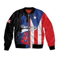 Black bomber jacket with full-zip front, Puerto Rico flag print, star and floral