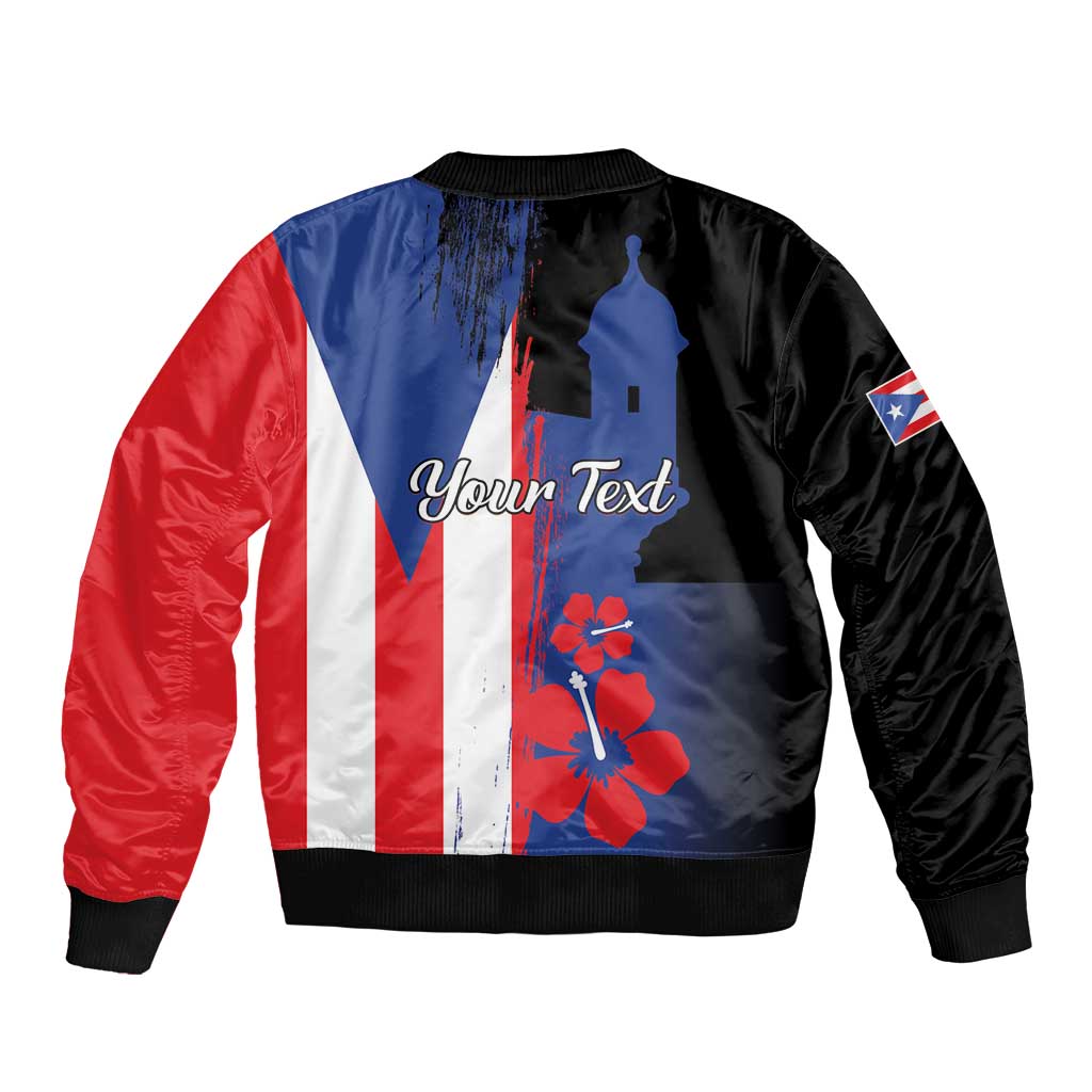 Black bomber jacket with Puerto Rico flag print and customizable text, ribbed cuffs