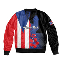 Black bomber jacket with Puerto Rico flag print and customizable text, ribbed cuffs