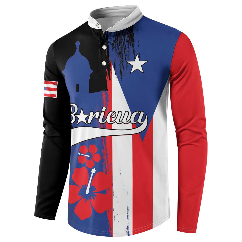 Boricua button sweatshirt with Puerto Rico flag graphic in black, blue, red, and white