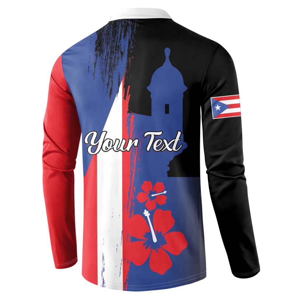 Black henley button sweatshirt, back print with Your Text and Puerto Rico flag design