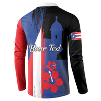 Black henley button sweatshirt, back print with Your Text and Puerto Rico flag design