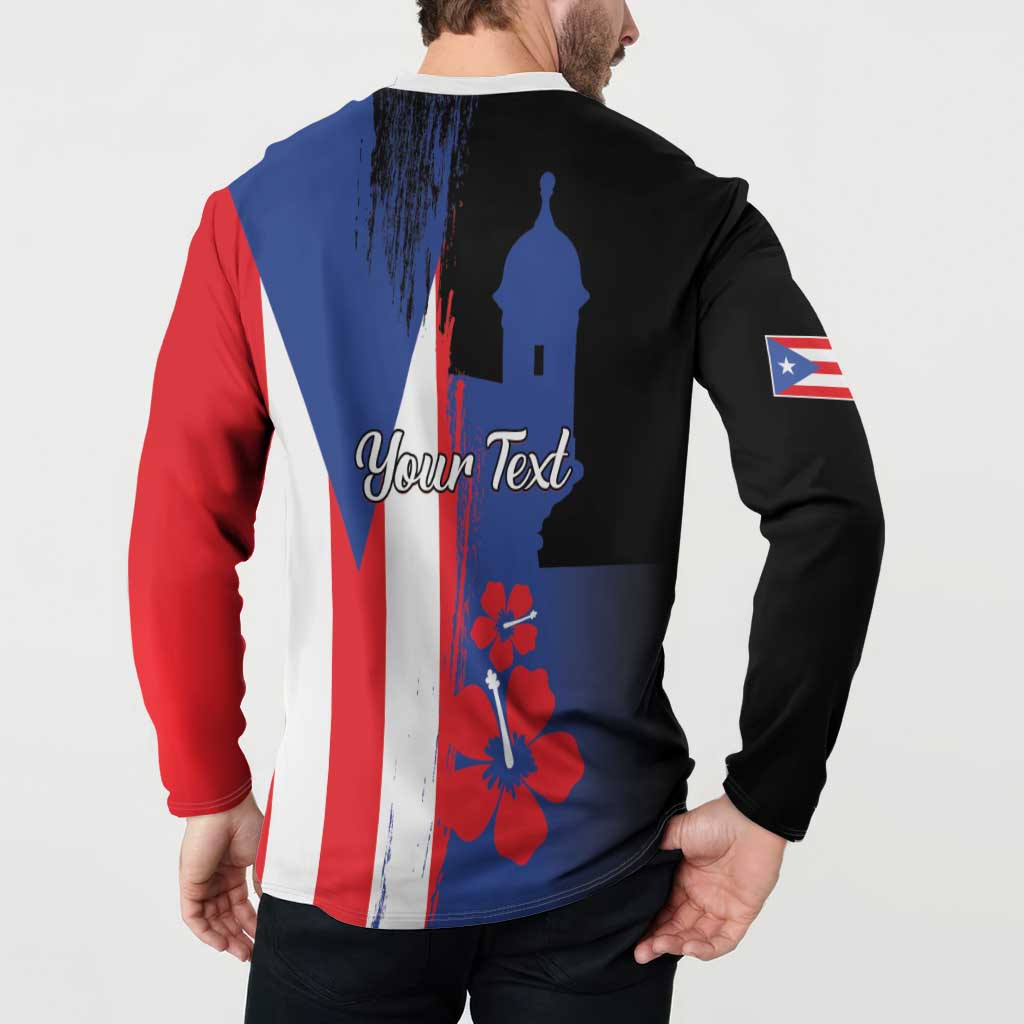 Black henley button sweatshirt with Your Text on back and Puerto Rico flag print