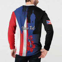 Black henley button sweatshirt with Your Text on back and Puerto Rico flag print