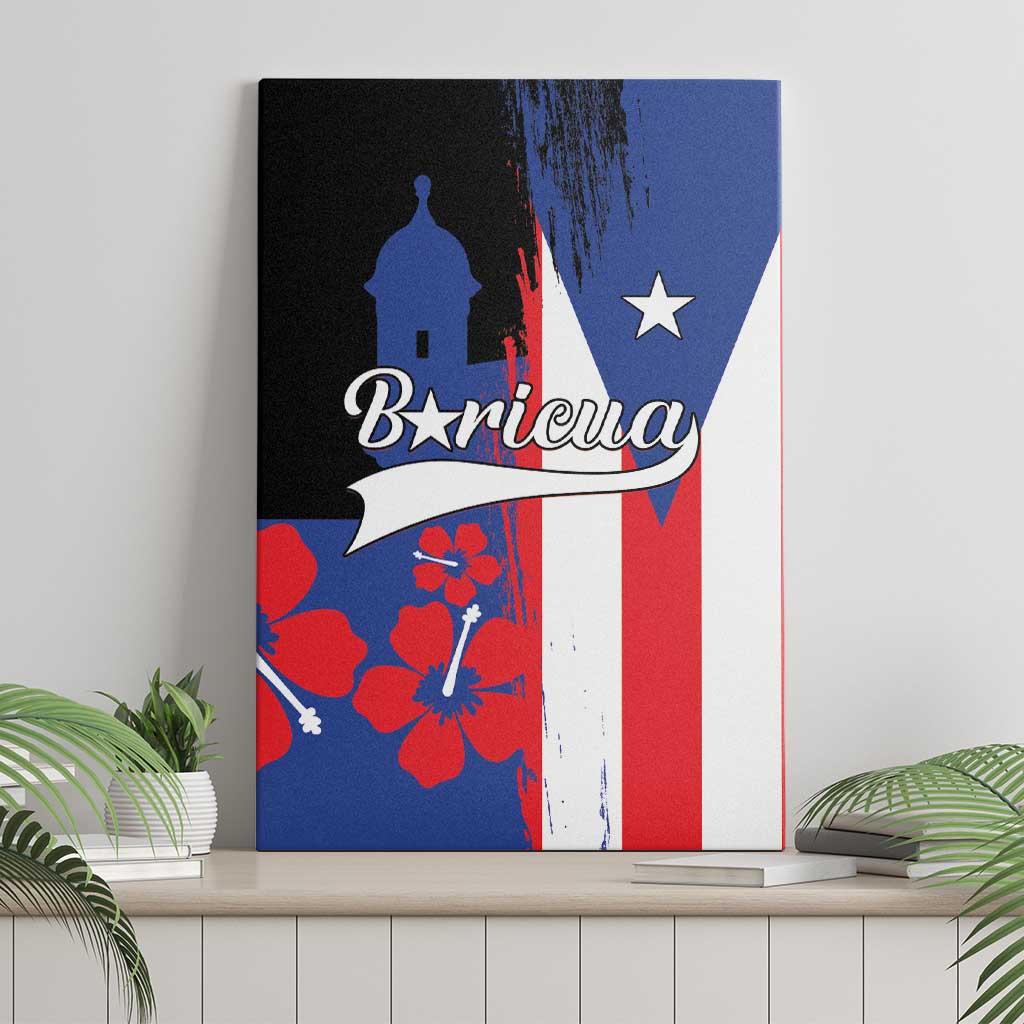 Canvas wall art displaying Puerto Rico flag design with El Morro silhouette and Boricua script