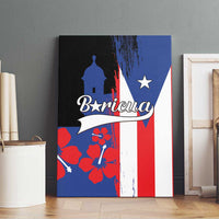 Framed canvas wall art showing Puerto Rico flag design, El Morro silhouette, Boricua banner