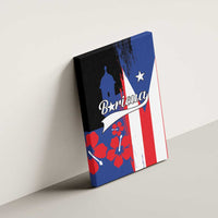 Canvas wall art of Puerto Rico flag with El Morro silhouette and Boricua text on blue red white