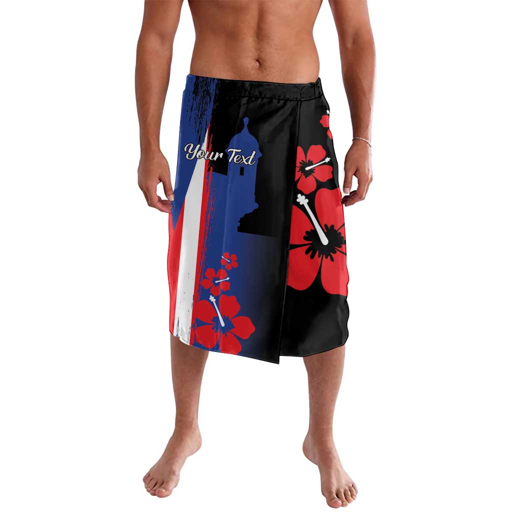 Black board shorts with red, blue, and white floral flag print and drawstring waist