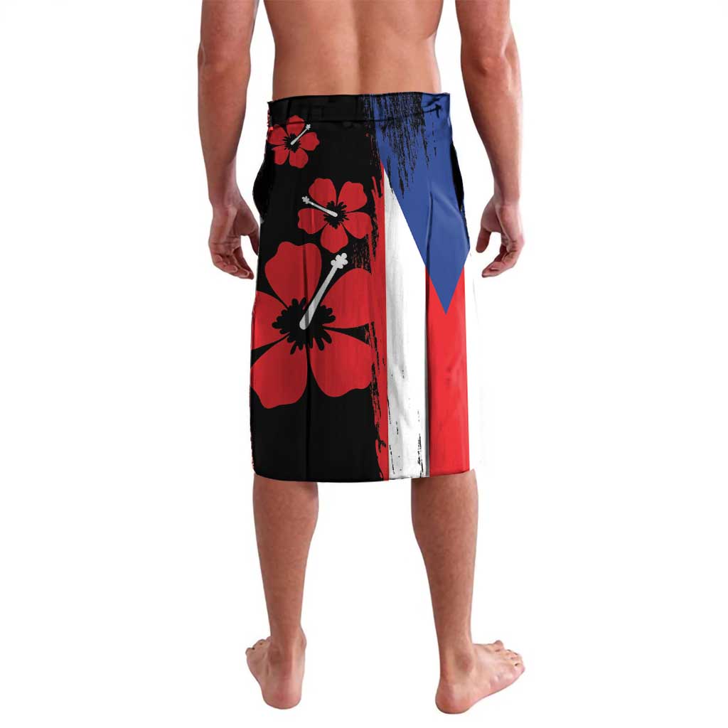 Black board shorts with red, blue, and white floral flag print, elastic waistband