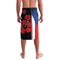 Black board shorts with red, blue, and white floral flag print, elastic waistband