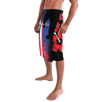 Black board shorts with red and blue floral flag print and 'Your Text' panel, elastic waist