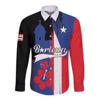 Black long-sleeve button shirt with Puerto Rico flag print, star, Boricua script