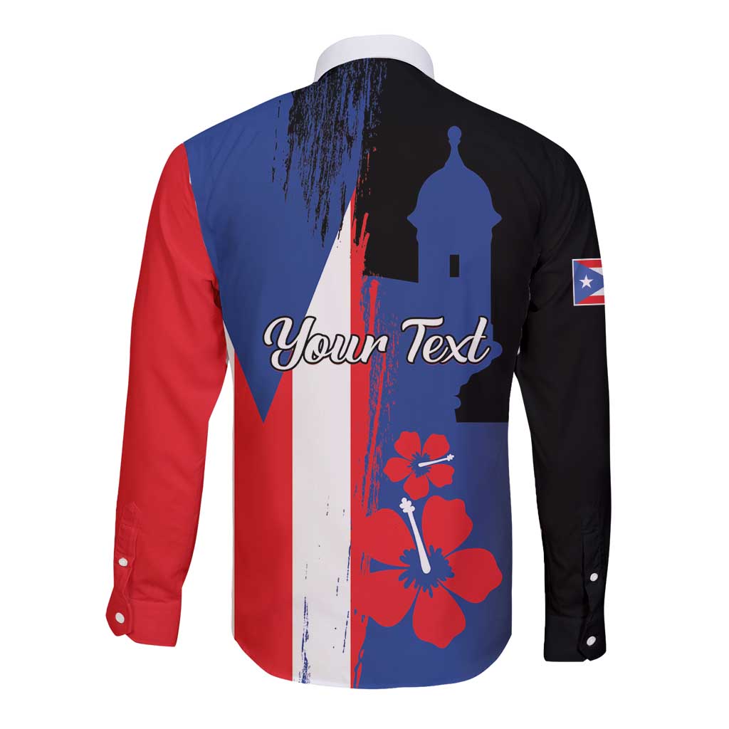 Black long-sleeve button shirt with flag print, El Morro silhouette, Your Text
