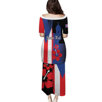 Short-sleeve maxi dress, multicolor flag print with silhouette and floral, back view