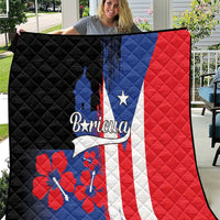 Quilt with quilted diamond pattern, Puerto Rico flag graphic in black, blue, red