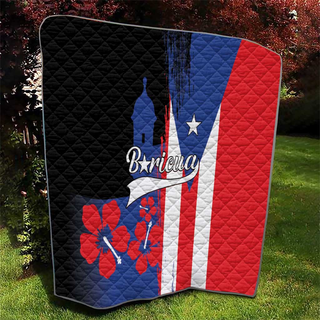 Quilt with quilted diamond pattern, Puerto Rico flag graphic in black, blue, red