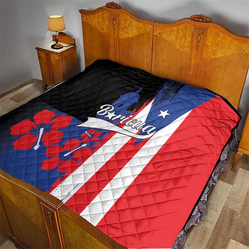 Puerto Rico flag style quilt with quilted pattern in black, blue, and red