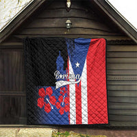 Quilt with quilted diamond pattern, Puerto Rico flag graphic in black, blue, red