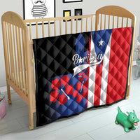 Quilt with quilted diamond pattern and Puerto Rico flag design in black, blue, red