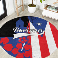 Round rug with Puerto Rico flag print, dark background, and red, white, and blue sections