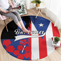 Round Puerto Rico flag area rug with bold blue, red, white, and black graphic