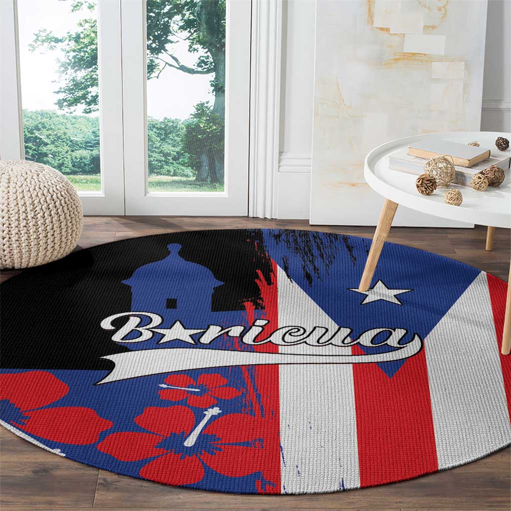 Round Puerto Rico flag style rug on wood floor with blue, red, white, and black colors