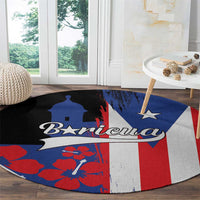 Round Puerto Rico flag style rug on wood floor with blue, red, white, and black colors