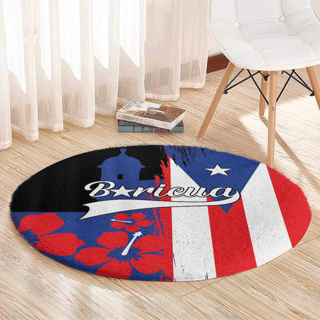 Round area rug featuring Puerto Rico flag design with blue, red, white, and dark base
