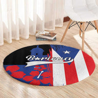 Round area rug featuring Puerto Rico flag design with blue, red, white, and dark base