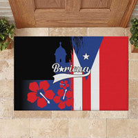Black rubber doormat with Puerto Rico flag print, Boricua text, hibiscus flowers