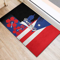 Black rubber doormat with Puerto Rico flag print, Boricua silhouette and red hibiscus